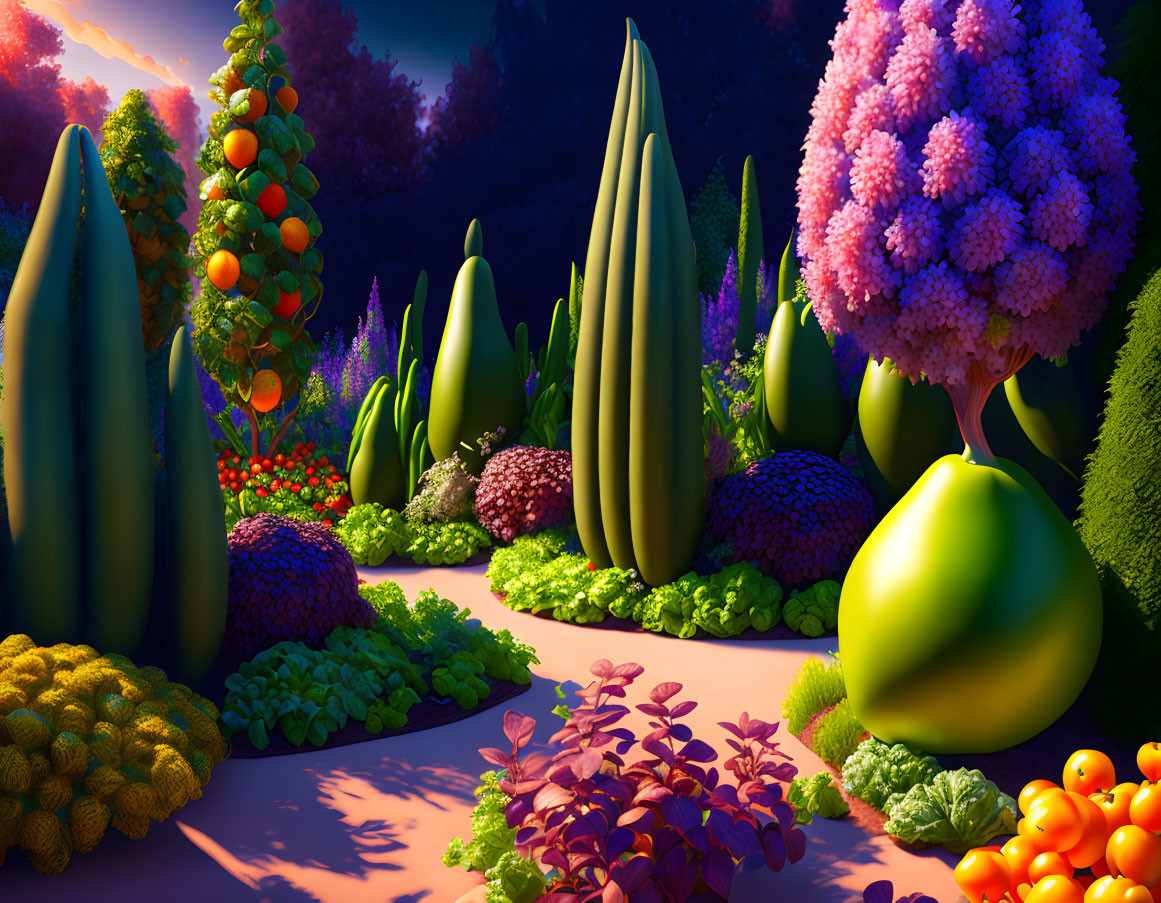 Colorful Stylized Garden with Oversized Plants and Fruit in Sunset Glow