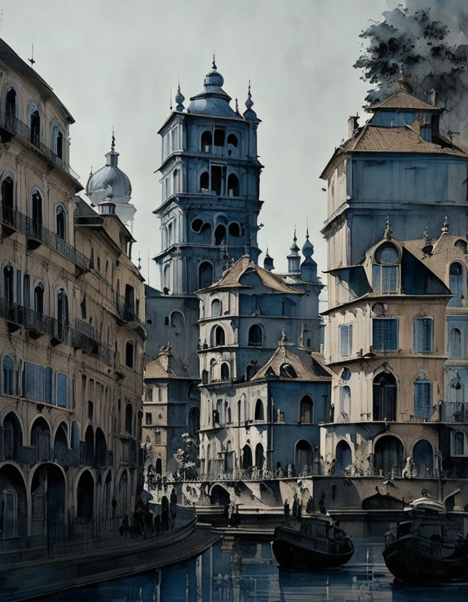 Ethereal watercolor painting of Venetian-style canal city