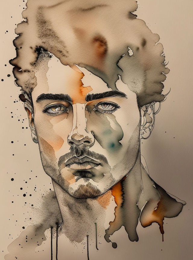 Detailed watercolor portrait of a man with facial features and splashes blending into hair.