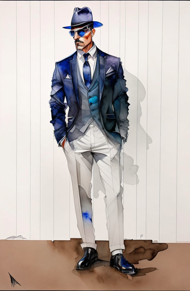 Illustrated man in suit, hat, and sunglasses with watercolor effect