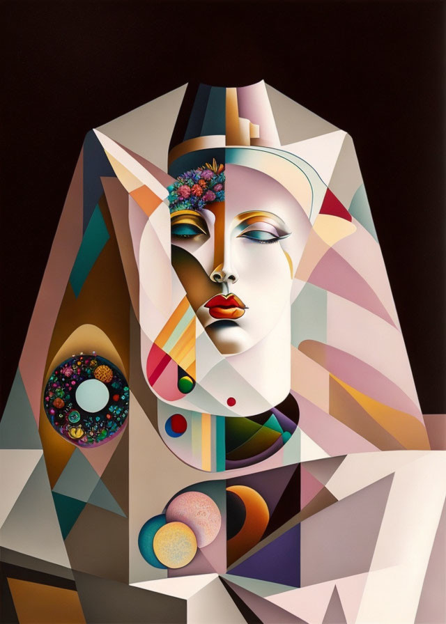 Abstract Cubist-Style Portrait: Geometric Shapes, Fragmented Female Face, Pastel Colors,