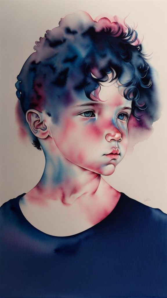 Child portrait with pensive expression in vivid purple and red hues