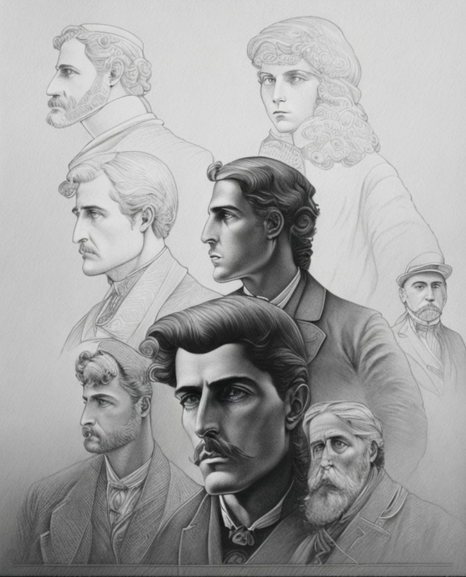 Monochrome illustration of seven people in late 19th to early 20th-century attire