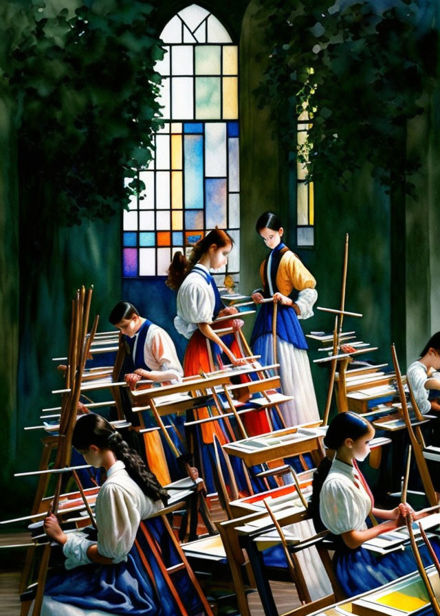 Painters in traditional attire with easels in room with stained-glass window