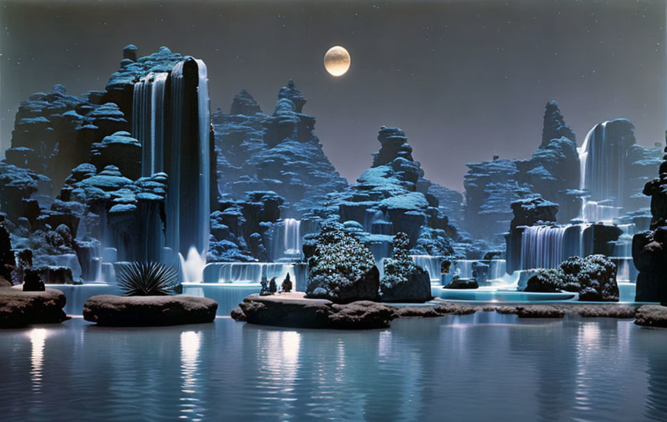 Nighttime landscape with waterfalls, rock formations, and moonlit sky.