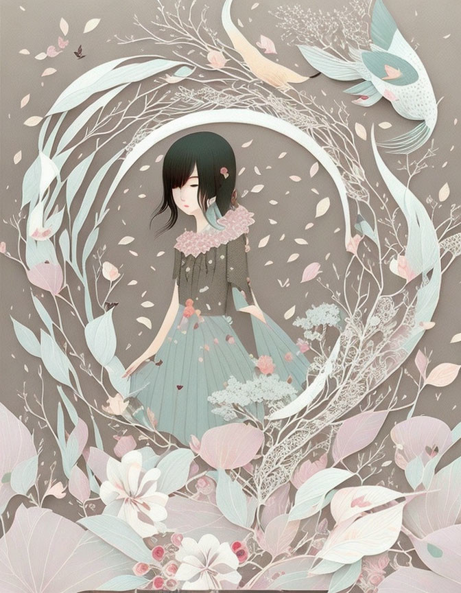 Illustration: Dark-haired girl in teal dress with whimsical frame of leaves, flowers, and blue