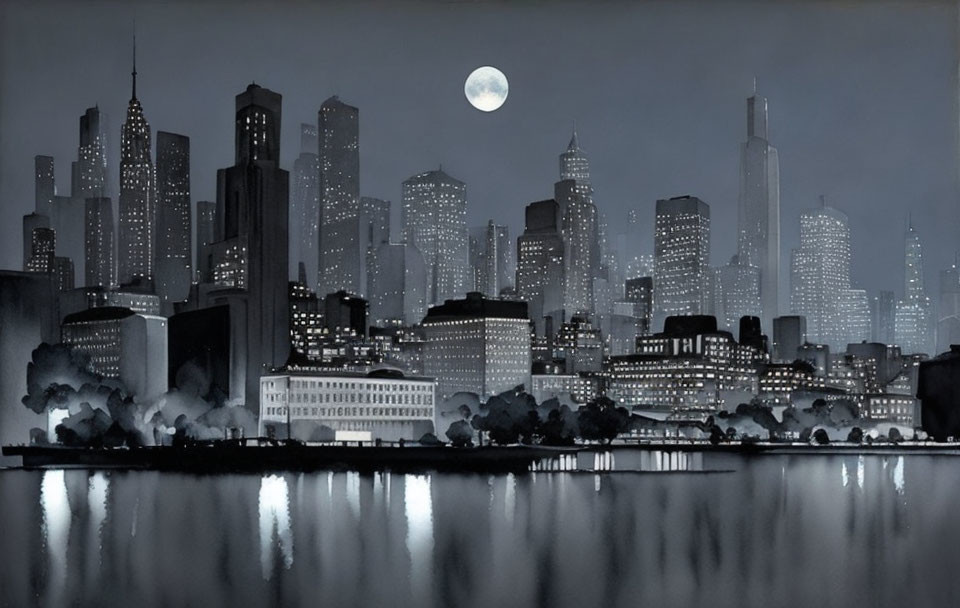 Night cityscape with full moon reflecting on water