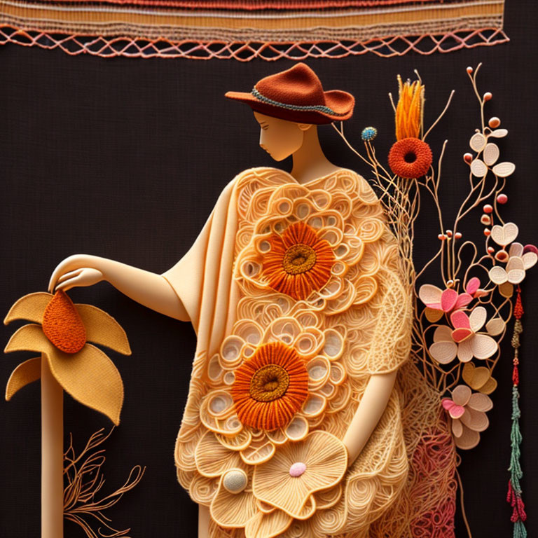 Mannequin in Floral Dress and Hat on Black Background