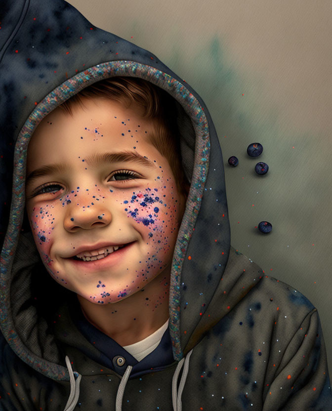 Smiling boy with blue paint splatters on face