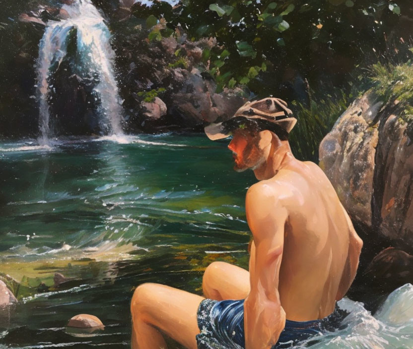 Shirtless man by serene waterfall and pond in lush greenery