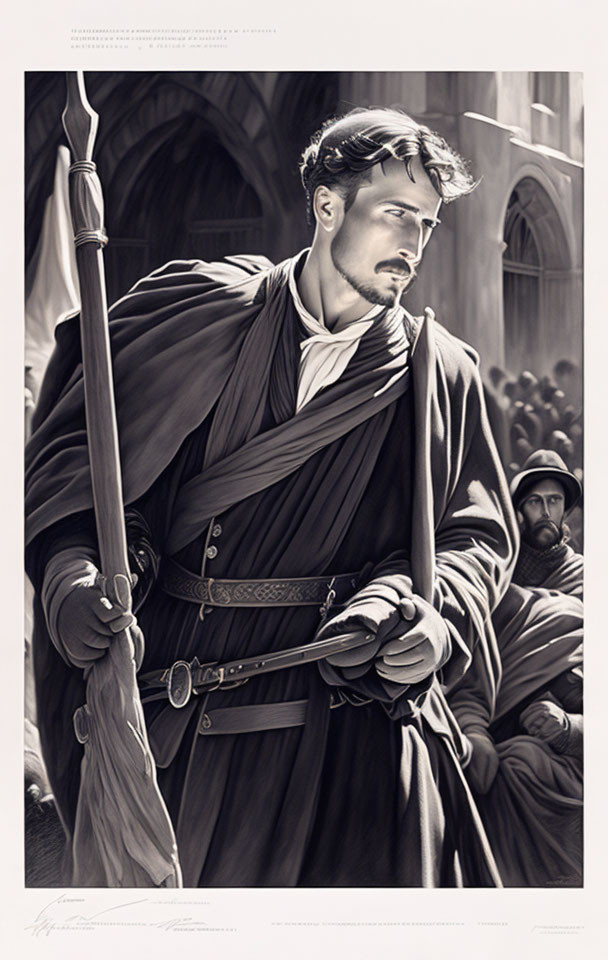 Monochrome medieval soldier illustration with spear in cathedral setting