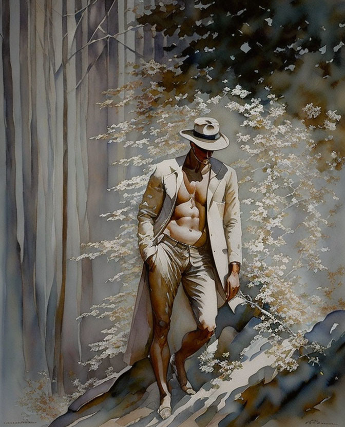 Shirtless man in light trousers and hat by tree with white flowers