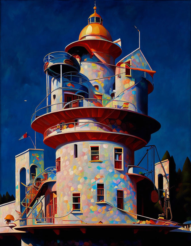 Whimsical lighthouse painting with golden dome and balconies