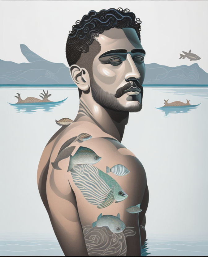 Man with Fish and Wave Tattoos in Aquatic Scene