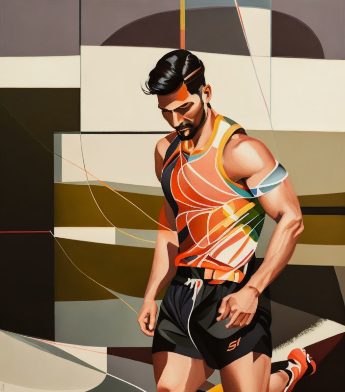 Abstract portrait of a bearded man in athletic wear with geometric background