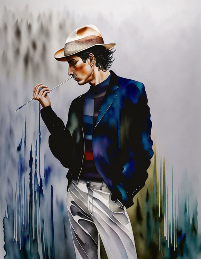 Digital Art: Person in Chic Hat and Suit with Paintbrush, Abstract Drip Background