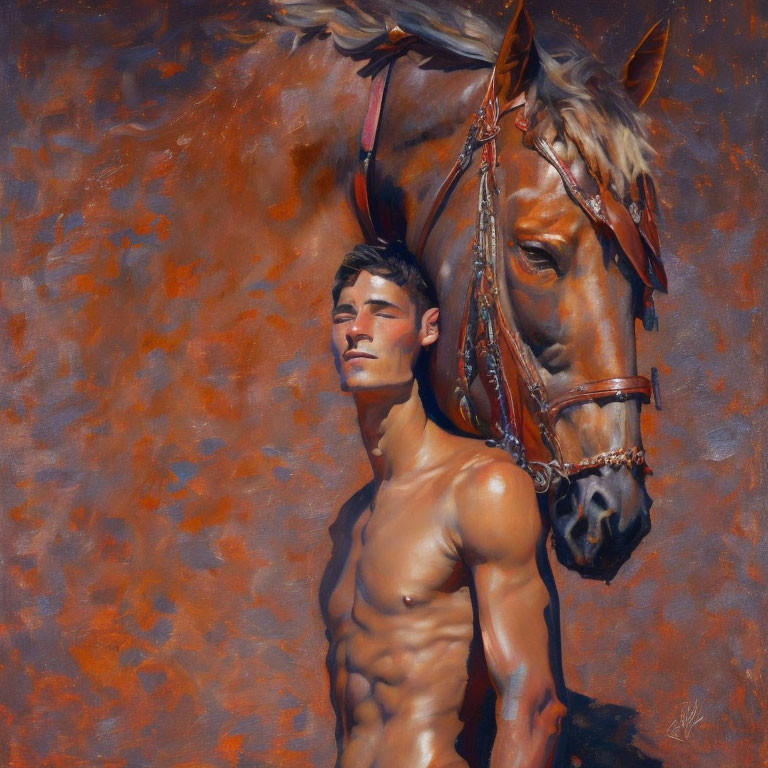 Muscular man and horse against warm orange backdrop