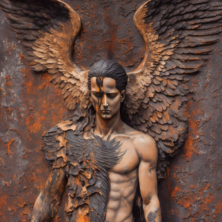 Muscular male figure with angelic wings in bronze sculpture.