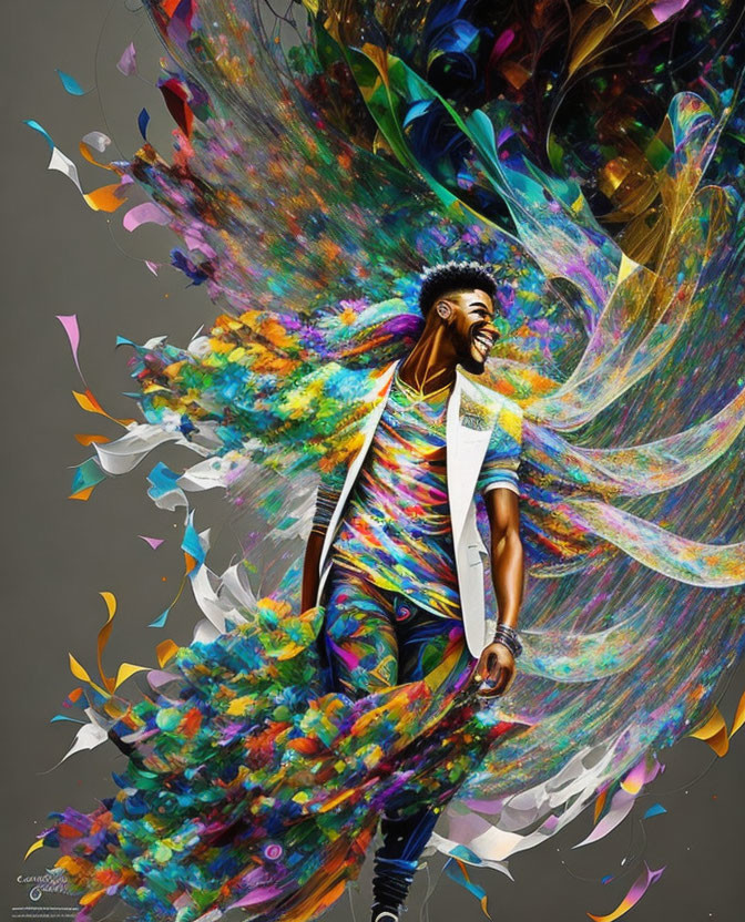 Colorful digital art: person with afro laughing amid abstract swirls.