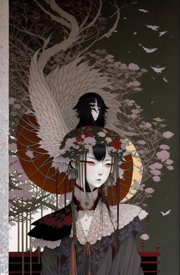 Traditional Japanese Styled Illustration of Two Figures Amid Intricate Nature