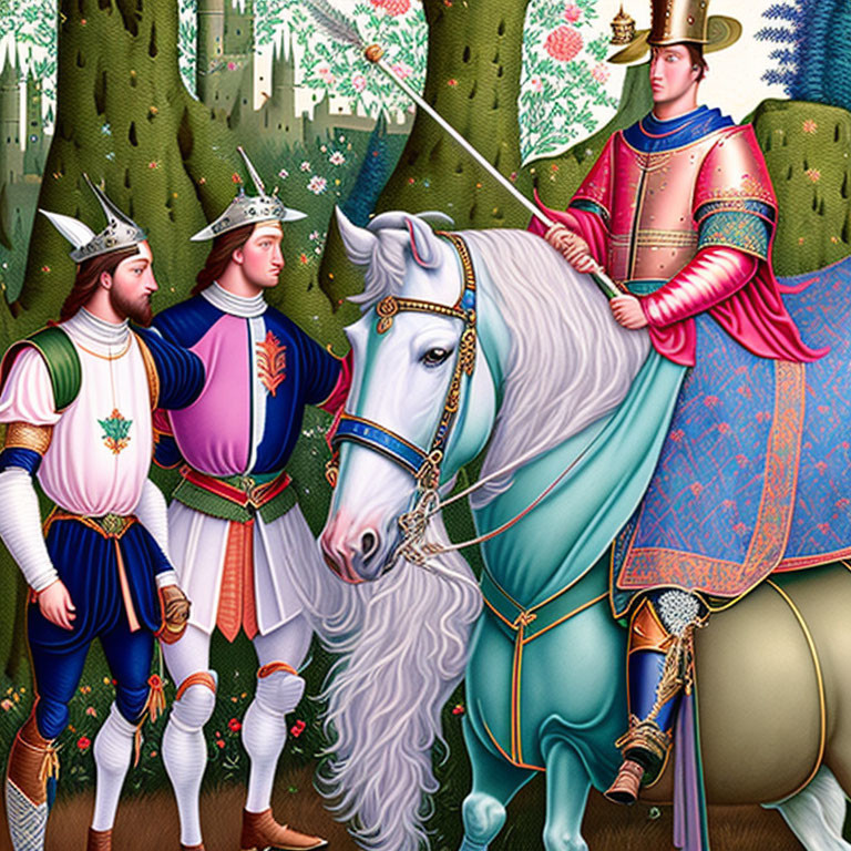 Illustration of three medieval knights on horseback in colorful armor within a forest.