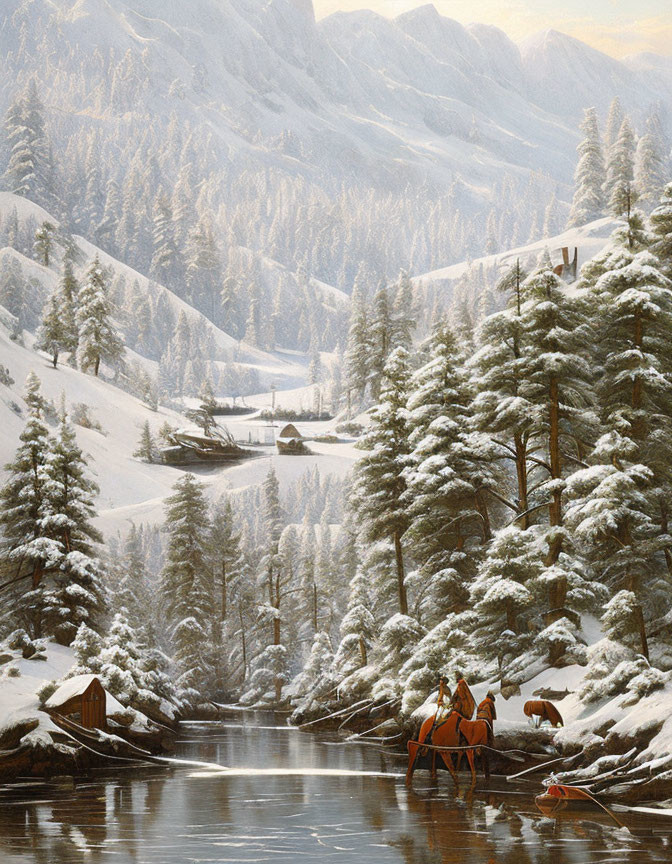 Winter landscape with horse-drawn carriage crossing river in serene setting