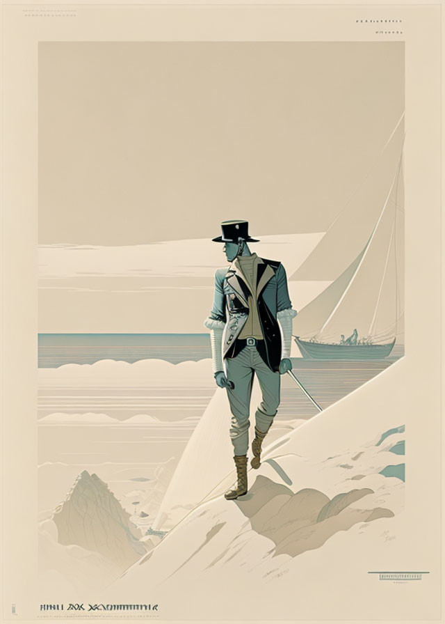 Vintage Attire Person Illustration on Snowy Slope with Sailboat in Muted Colors