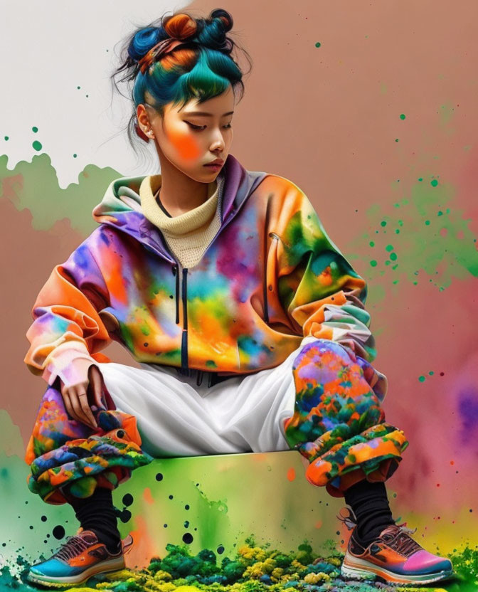 Colorful woman in tie-dye hoodie against paint-splatter backdrop