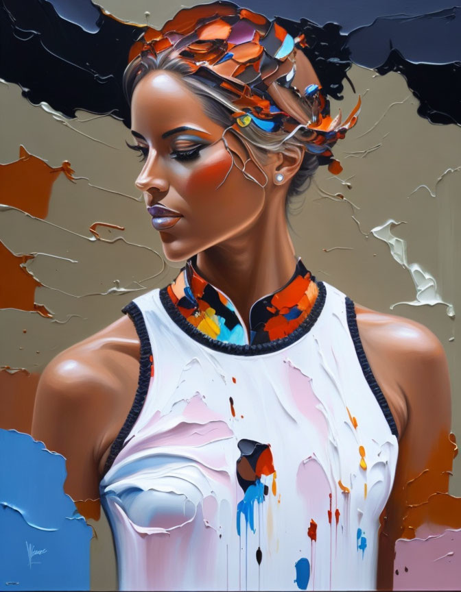 Abstract painting of woman with colorful splash on head & shoulder against brown and blue backdrop