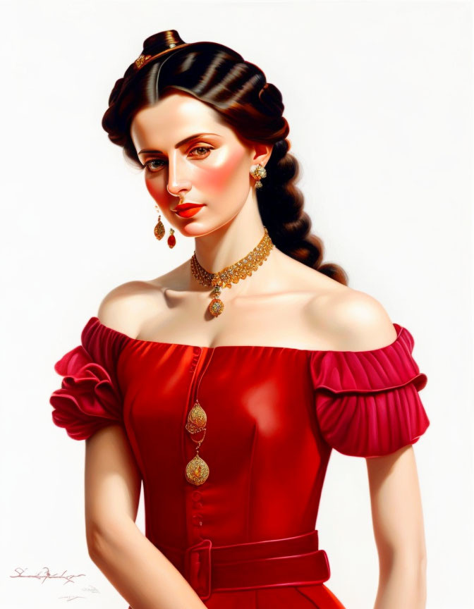 Illustrated portrait of a woman in red off-shoulder dress with braided hair & golden jewelry