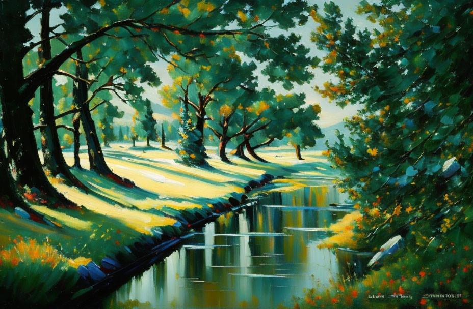 Tranquil riverside painting with lush green trees and soft sky