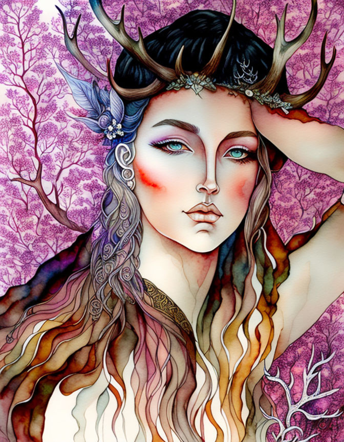 Illustrated female with antlers, blue eyes, and tattoos in purple foliage