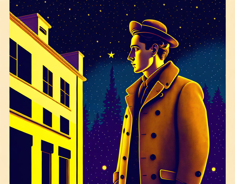 Illustration of man in hat and coat under starry sky with building and trees.