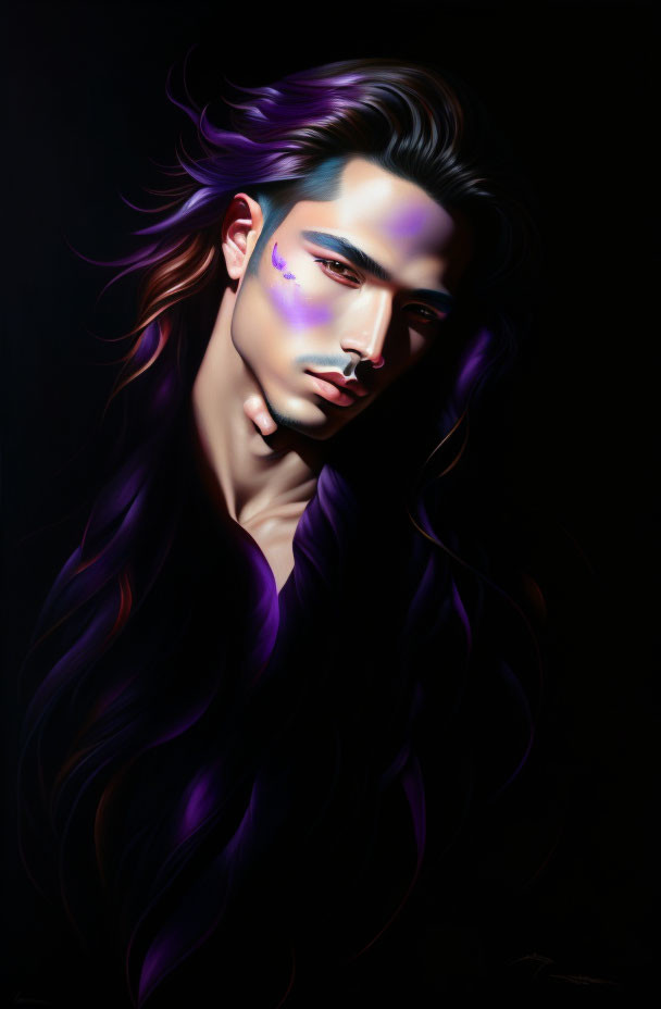 Portrait of person with dark hair and purple highlights on black background