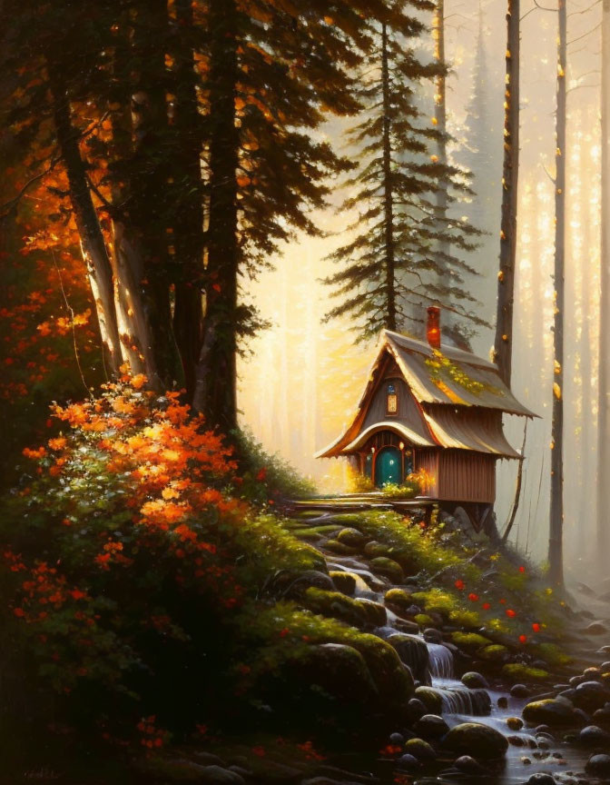 Rustic wooden cabin in forest with stream and flowers