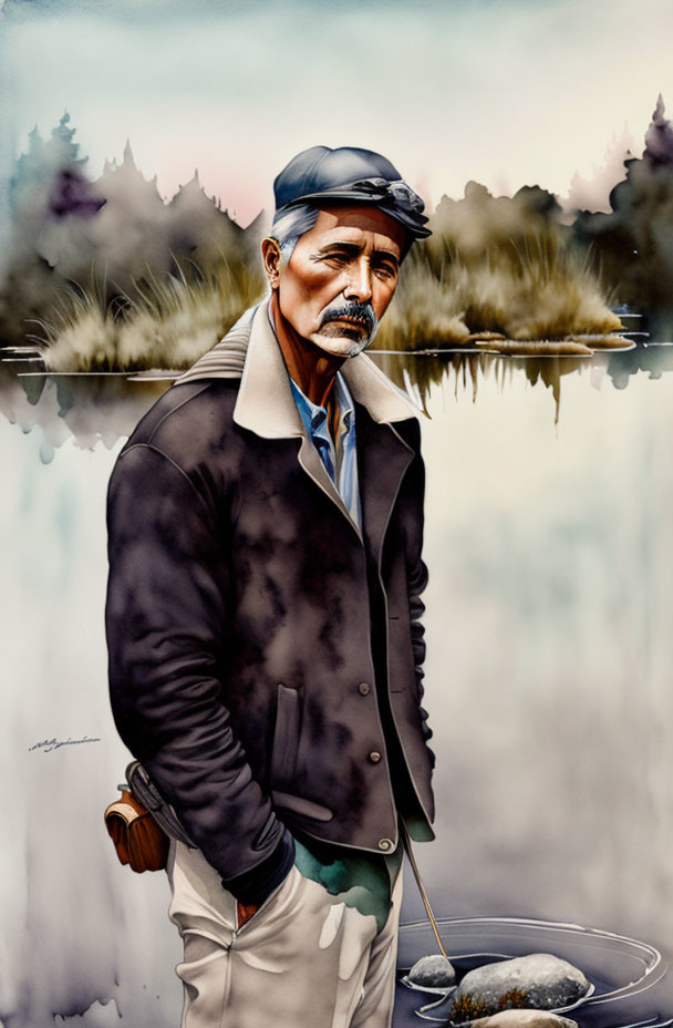 Elderly gentleman in cap and vest painting by water.