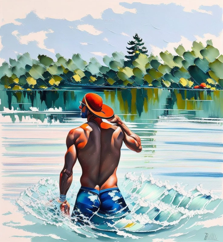 Muscular person in swimwear and hat walking into calm lake with lush tree backdrop