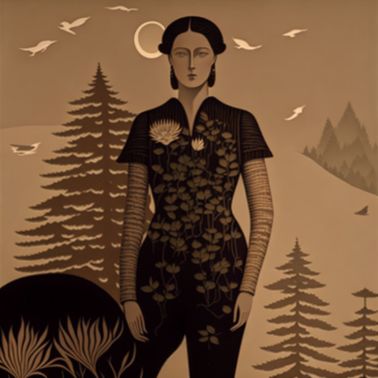 Illustration of Woman with Nature Motifs and Floral Dress Surrounded by Trees and Birds