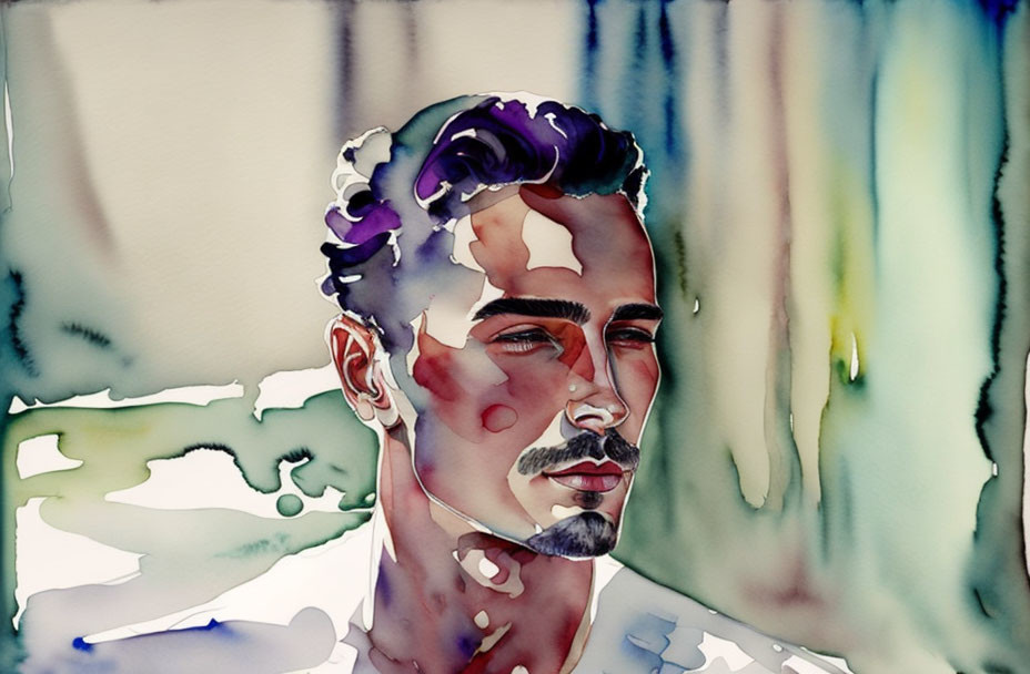 Man with Mustache and Beard in Vibrant Watercolor Portrait