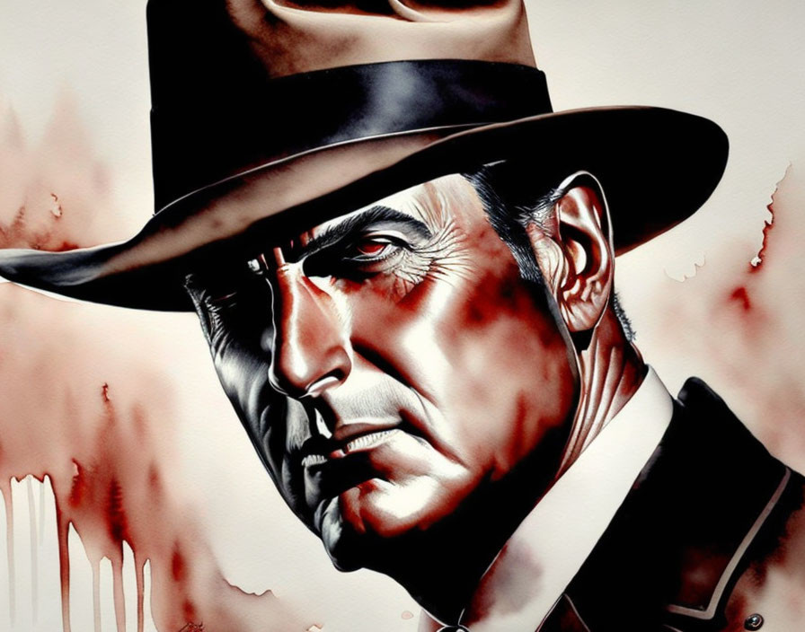 Serious man in fedora hat and suit with intense gaze on red splattered backdrop