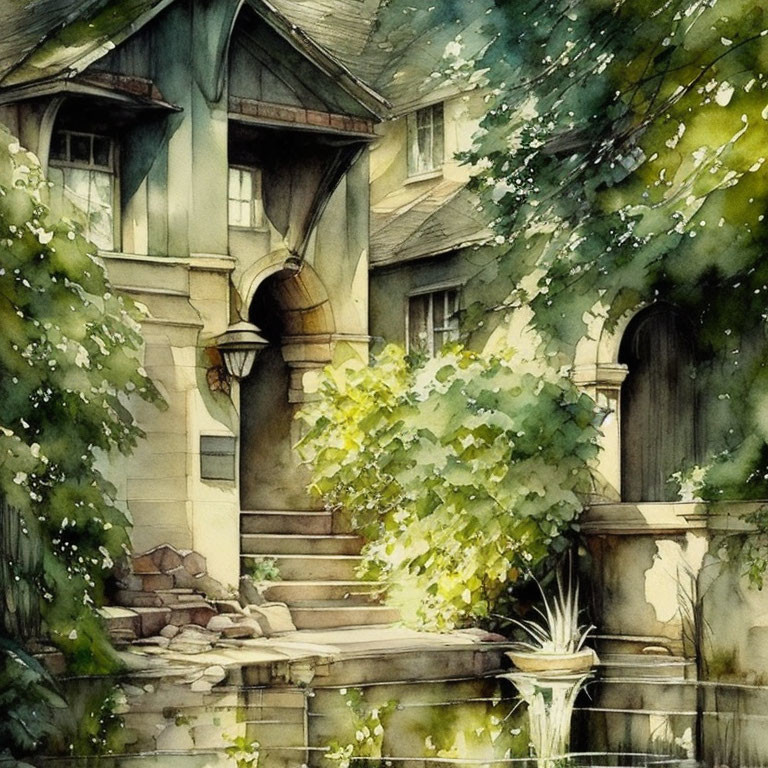 Quaint house surrounded by lush greenery in watercolor art