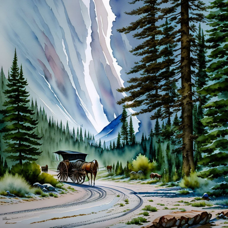 Detailed painting of horse-drawn carriage on forest road with towering trees and dramatic light.