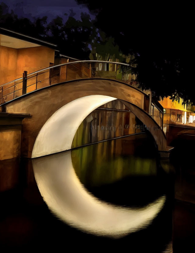 Nocturnal digital painting of arched bridge over calm river