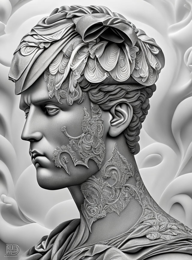 Grayscale digital artwork of classical sculpture with lace-like patterns on face, against swirling background