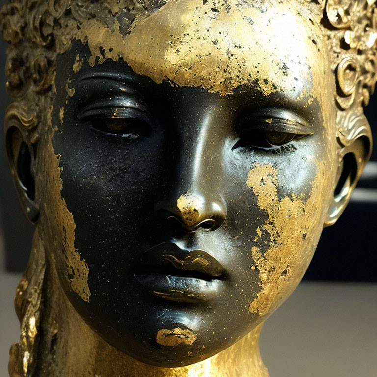 Ancient sculpture face with blackened patina and gold leaf remnants