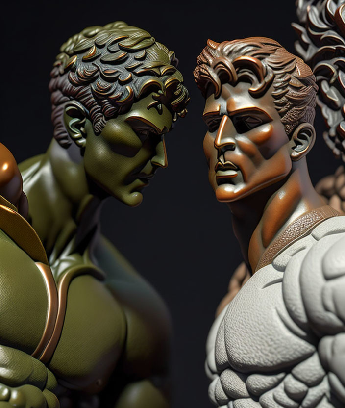 Stylized bust statues in contrasting colors with detailed hair and muscular features