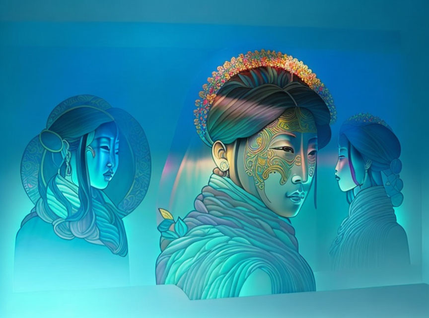 Three ethereal female figures in blue-green hues on gradient background