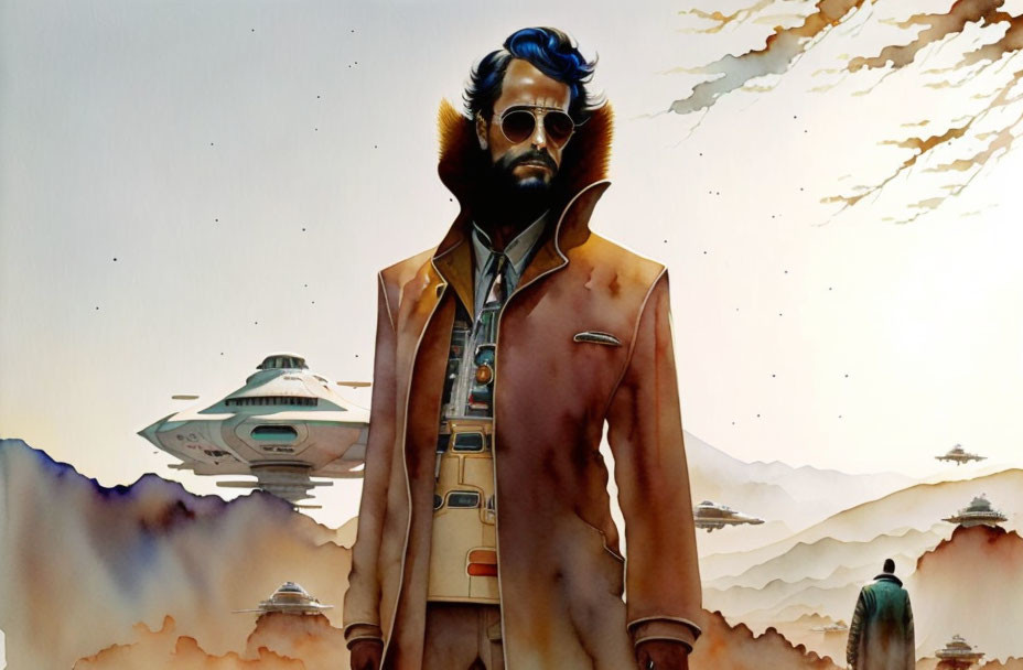 Stylized painting of bearded man in retro-futuristic outfit with aviator glasses