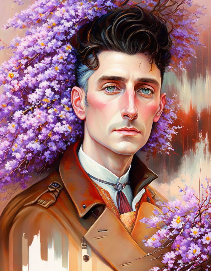 Dark-Haired Man in Tan Coat Surrounded by Purple Flowers