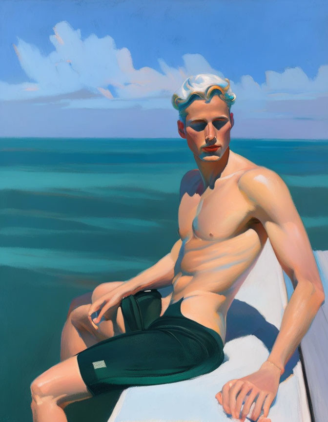 Shirtless man with white hair contemplating on boat in serene blue sea.